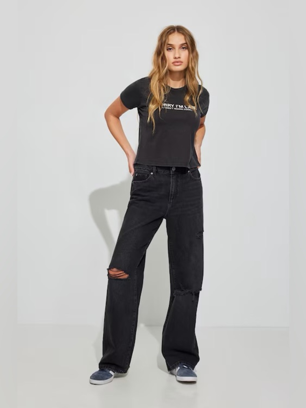 Garage JAMBE LARGE/WIDE LEG Black Wide-Leg Distressed Jeans for Women